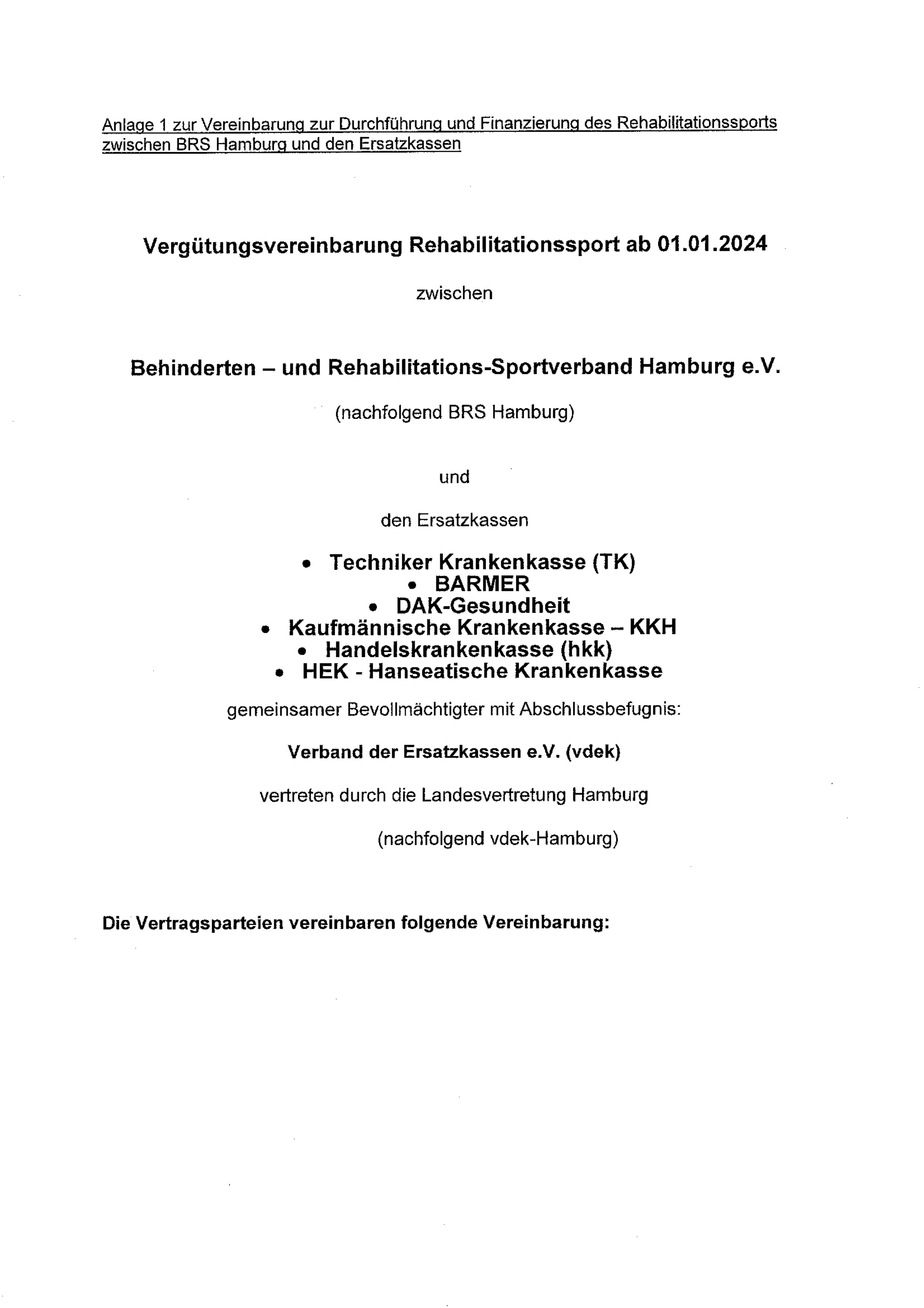 Erste Seite der PDF-Datei: Vergütungsvereinbarung vdek-Hamburg 2024