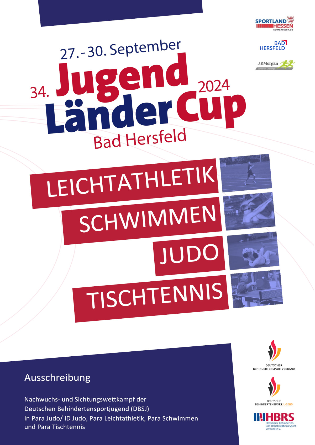 Plakat mir der Aufschrift "Jugend Länder-Cup 2024 Bad Hersfeld" und den Logos des DBS, der DBJ und des HBRS - ohne Foto oder Bilder.